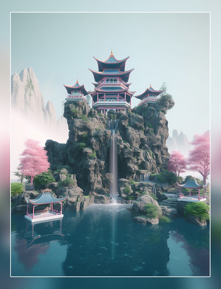 亭子传统的中国建筑在浮岛上瀑布大月亮东方景观现实主义