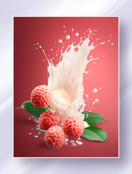 喷溅的果酱牛奶和新鲜荔枝水果摄影广告图