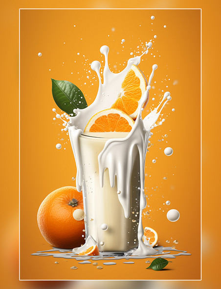 橙子水果牛奶海报几个橙子牛奶飞溅插图