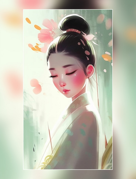 粉红色温柔的抽象画一个美丽的中国仙女风格的竹林女孩古老的发髻中国工笔风格