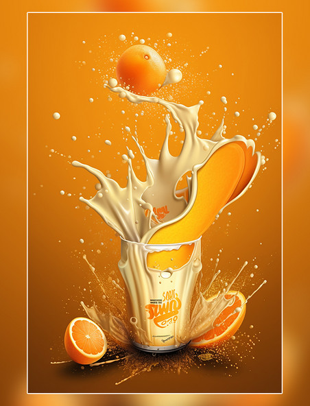 几个橙子牛奶飞溅插图水果橙子牛奶海报