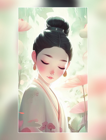 一个美丽的中国仙女风格的竹林女孩中国工笔风格