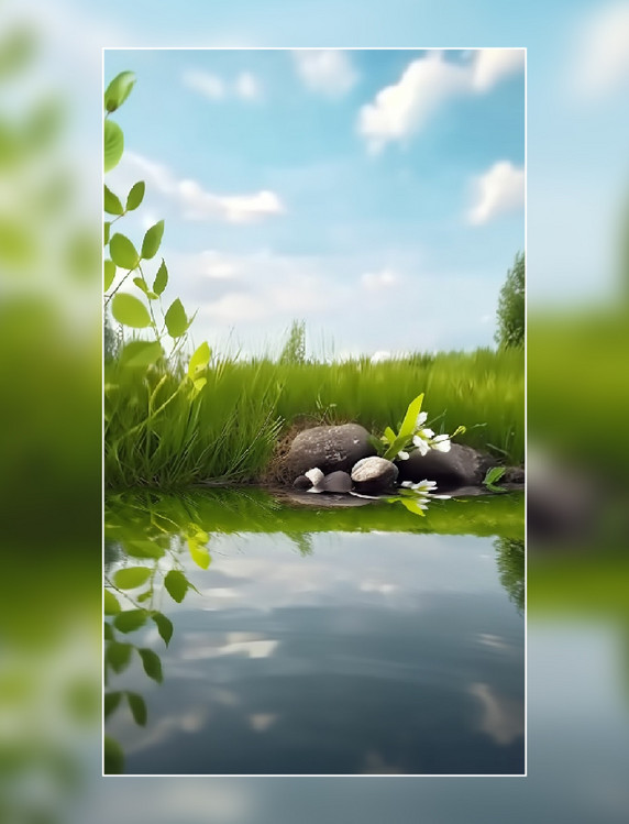 风景植物水面倒影产品摄影背景春天春季化妆品产品展示