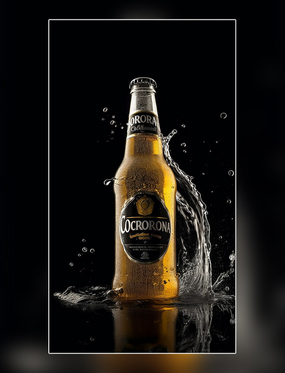 一瓶啤酒在画面中心泼水专业摄影棚产品摄影