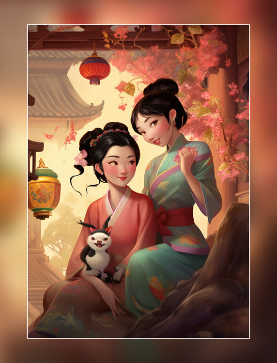 两位古风女性屋前场景插画人物中国风国潮