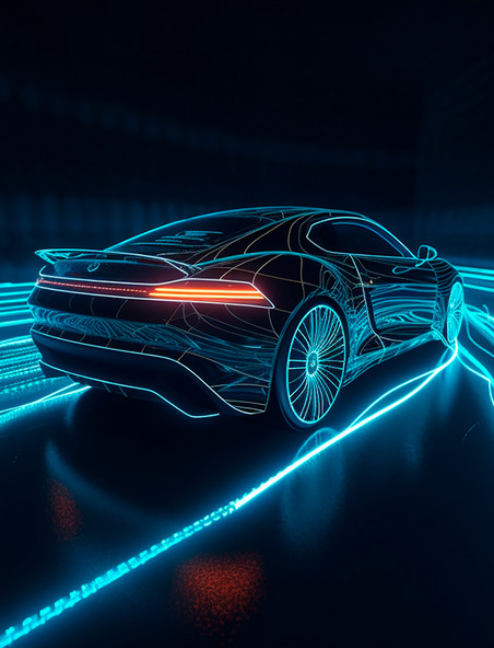 蓝色流光光线线条科技感概念跑车透视图
