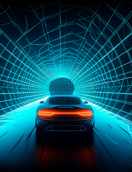 行驶在蓝色光线隧道里的未来概念跑车