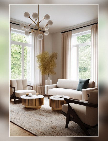 沙发地毯一个三座茶几吊灯扶手椅现代有机风格的住宅室内设计项目房间室内装修