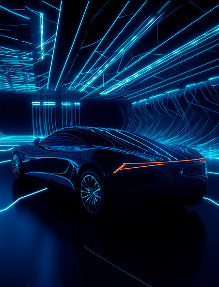 停在蓝色光线隧道里的科幻概念跑车尾部视角