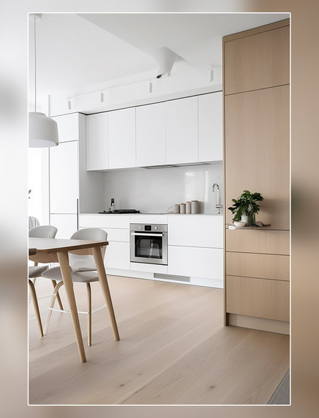 极简主义厨房白色橱柜浅色木质装饰明亮宽敞现代室内摄影