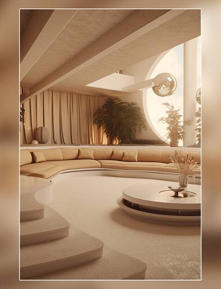 房地产拍摄下沉式客厅对话坑70年代复古未来主义室内设计3d梦幻