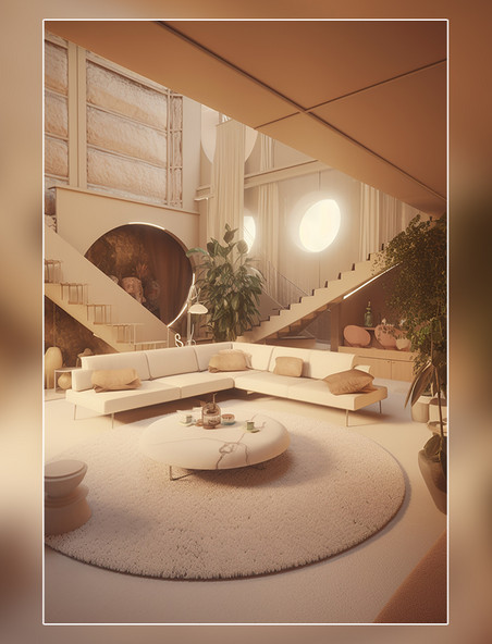 室内设计3d梦幻房地产拍摄下沉式客厅对话坑70年代复古未来主义