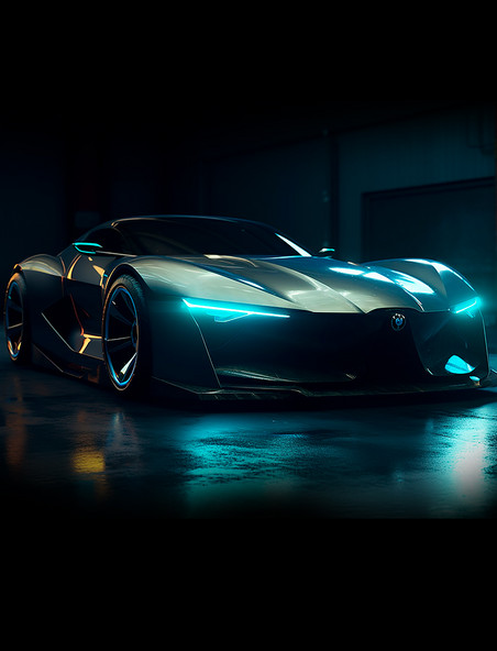 碳纤维暗银色概念超级跑车未来感蓝色大灯