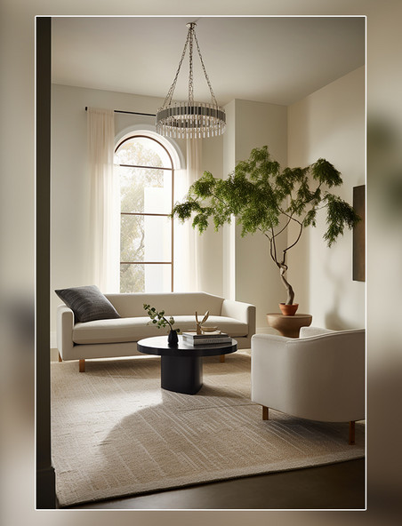 室内设计项目一个三座沙发地毯茶几吊灯扶手椅现代有机风格的住宅房间室内装修