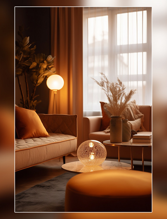 拍摄的房地产照片室内设计客厅温暖的光线柔和的装饰优雅