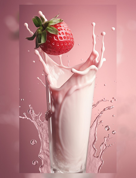 牛奶酸奶草莓碰撞特写照 