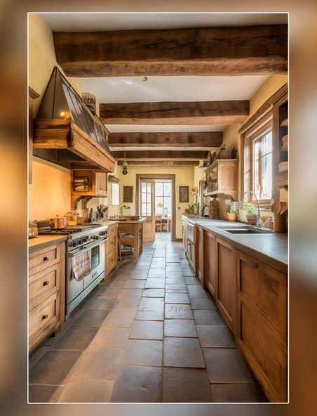一个大型现代厨房的内部有裸露的木梁精致的细节超广角房地产摄影