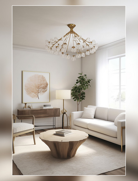 一个三座沙发地毯茶几吊灯扶手椅现代有机风格的住宅室内设计项目房间室内装修