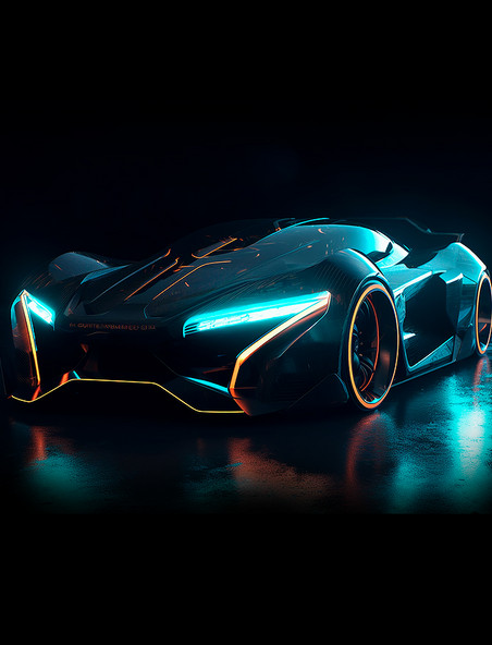 橙蓝色大灯概念科幻未来感超级跑车汽车