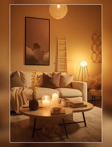 温暖的室内设计客厅温暖的光线柔和的装饰优雅拍摄的房地产照片