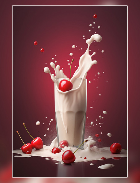 水果樱桃牛奶海报几个樱桃牛奶飞溅插图