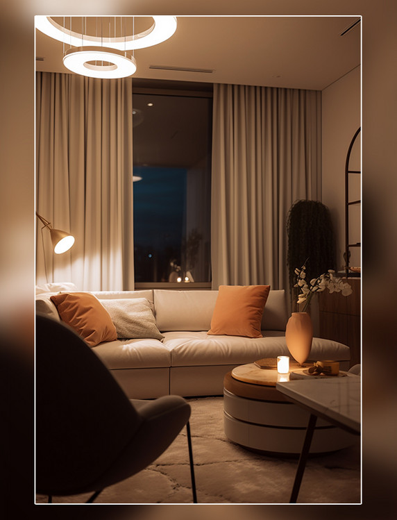 室内客厅设计温暖的光线柔和的装饰优雅拍摄的房地产照片