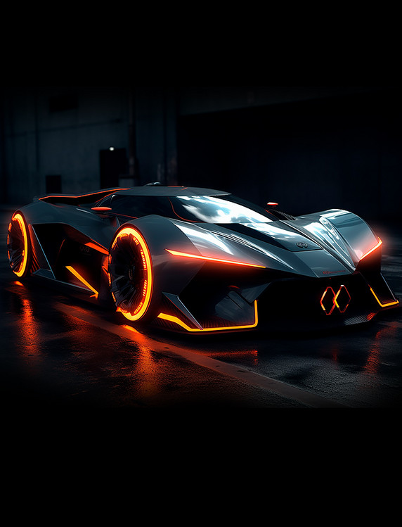 橙色光线炫酷大灯碳纤维未来科幻概念跑车汽车
