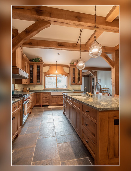 超广角和房地产摄影一个大型现代厨房的内部有裸露的木梁精致的细节