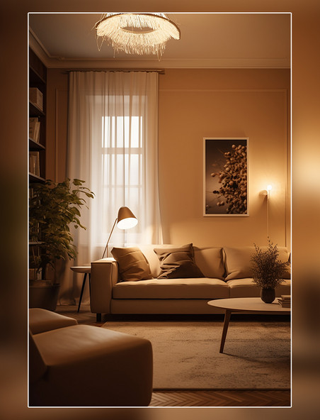 柔和的装饰优雅室内设计客厅温暖的光线拍摄的房地产照片