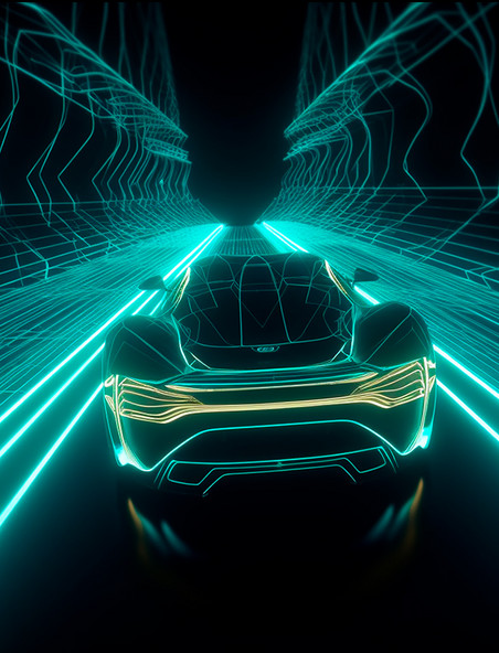 科幻感隧道里的流光线条概念跑车尾部视角