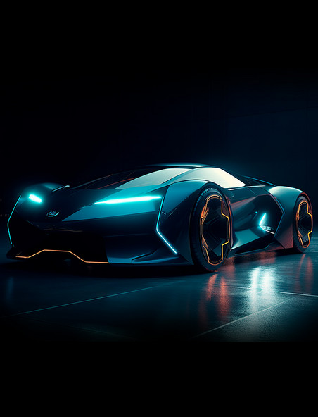 复合碳纤维暗黑酷炫未来概念超级跑车蓝色大灯