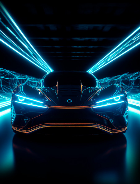 亮起大灯的光线科幻超级跑车停在隧道里