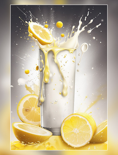 柠檬水果牛奶海报几个柠檬牛奶飞溅插图
