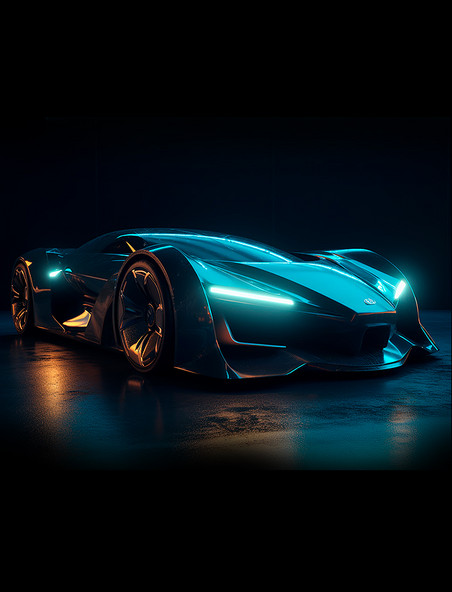 黑夜上亮起蓝色大灯的未来概念超级跑车