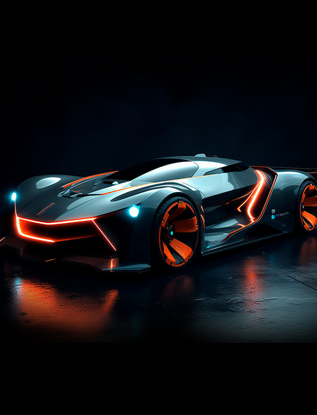 科幻流线型概念超级跑车橙色光线大灯侧视图
