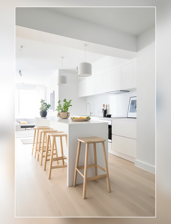 明亮宽敞极简主义厨房白色橱柜浅色木质装饰现代室内摄影