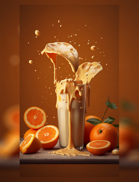 橙子 牛奶 酸奶 碰撞 特写照 数字作品 数宇插画 AI AI作品