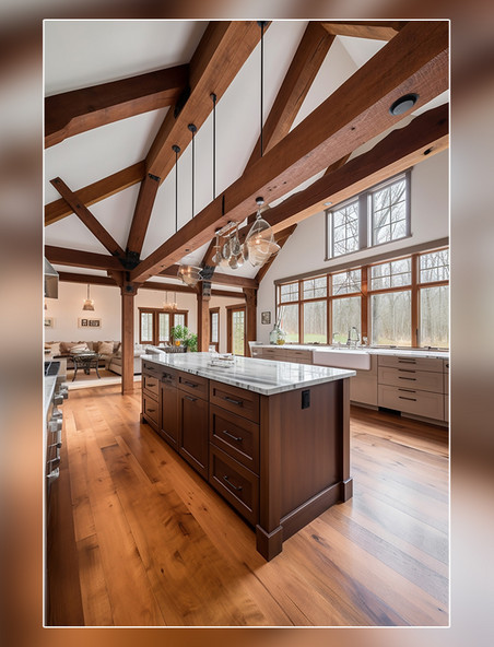 房地产摄影一个大型现代厨房的内部有裸露的木梁精致的细节超广角