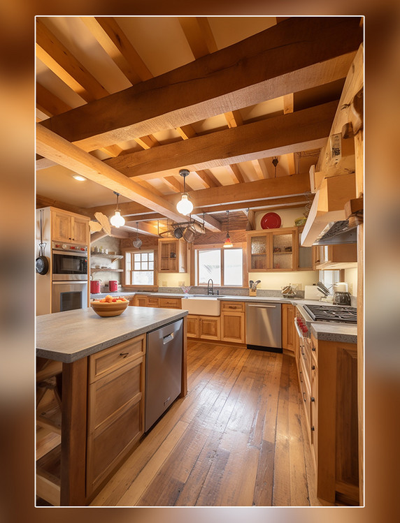 现代厨房的内部有裸露的木梁精致的细节超广角和房地产摄影