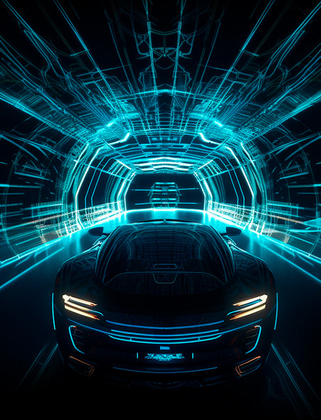 停在未来科幻光线隧道里的跑车正面视角图
