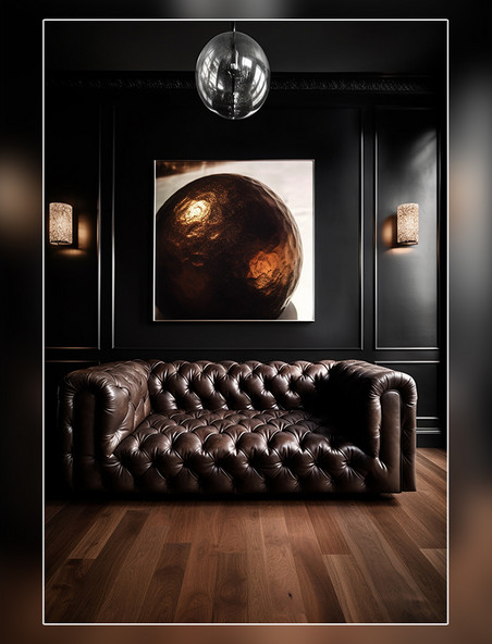 黑色的石材涂料棕色真皮沙发深色的硬木地板现代艺术品壁灯房地产拍摄