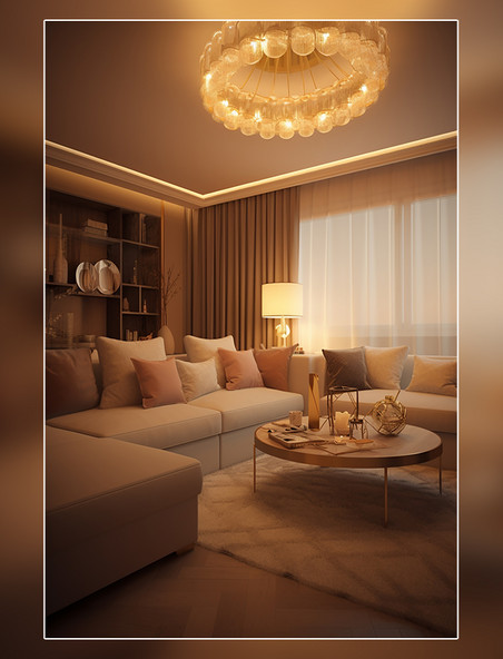 温馨的室内设计拍摄的房地产照片客厅温暖的光线柔和的装饰优雅