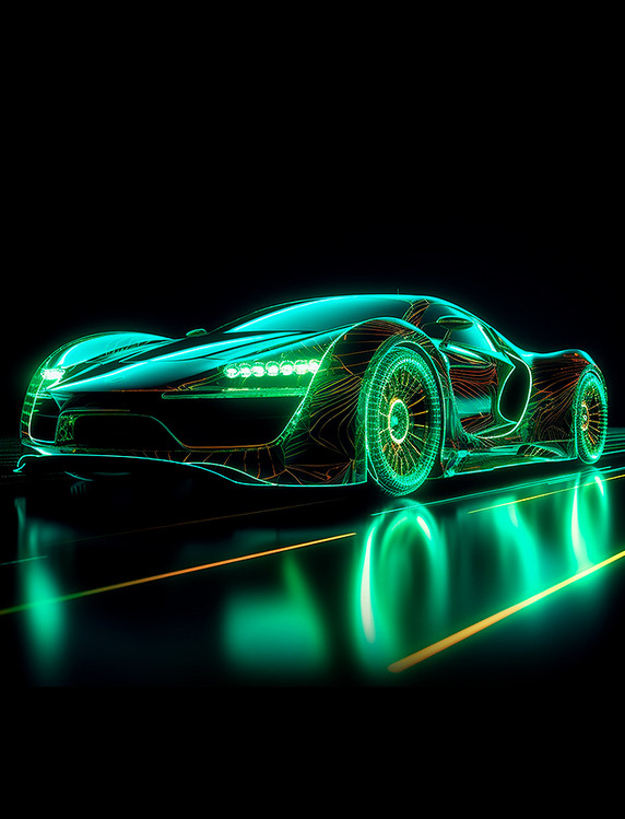 绿色光线线条透视感暗黑系概念超级跑车