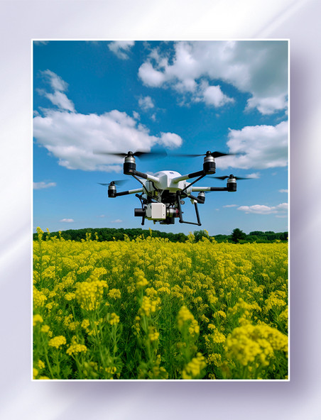 油菜花田上空飞行的高科技智能远程监测无人机