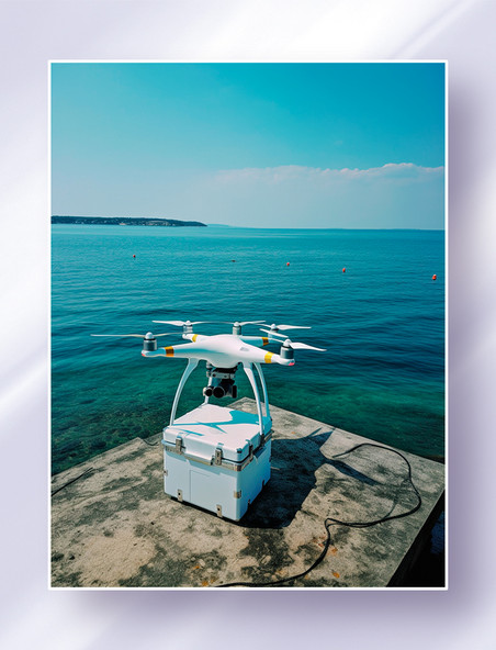 大海边准备运送物资包裹的高科技智能无人机