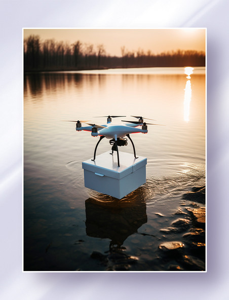 湖泊上进行空中包裹快递运输的高科技无人机