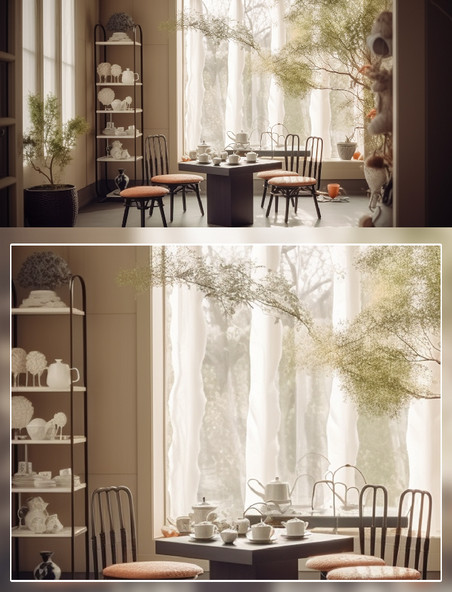 茶室茶具桌椅绿植场景摄影房间室内装修