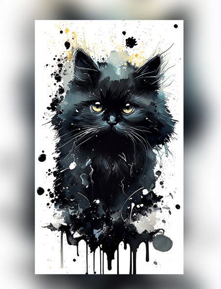 水彩泼墨可爱黑猫创意艺术插画