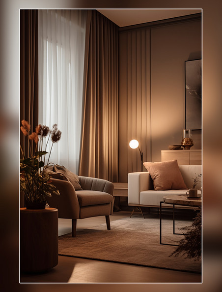 室内设计房地产照片客厅温暖的光线柔和的装饰优雅拍摄