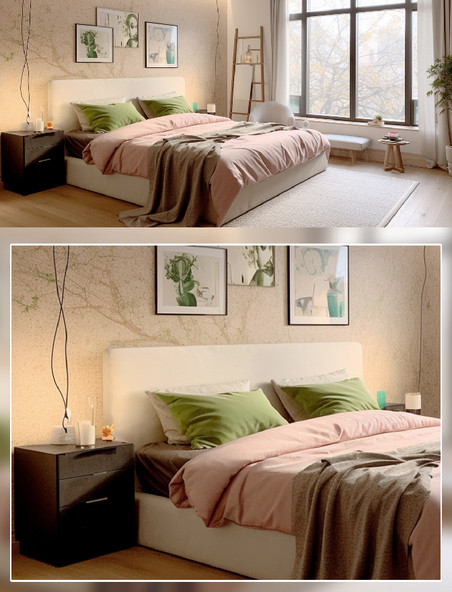 现代卧室房间床粉色被子窗户创景摄影房间室内装修房间室内装修